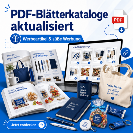 Alle PDF-Blätterkataloge für Werbeartikel und süße Werbung sind aktualisiert. der-BERGMANN zeigt das neue Sortiment 2026 zum Durchblättern.